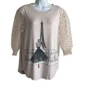 Love & Lace Women Top S Eiffel Tower Sheer‎ Net Sleeve Paris Graphic Multi Media